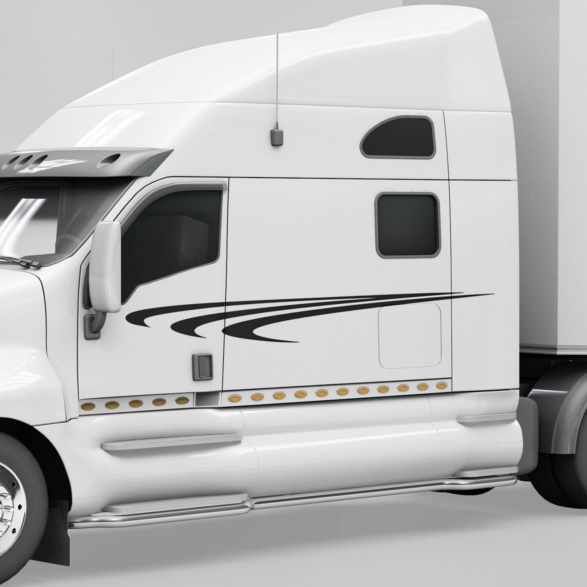 A truck with black vinyl decal stripes on its side.