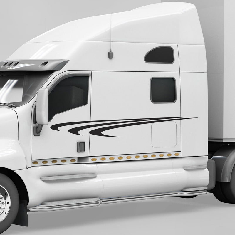 White semi truck with black vinyl stripe on its side