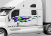 white semi truck with blue green fire flames vinyl decal on driver side