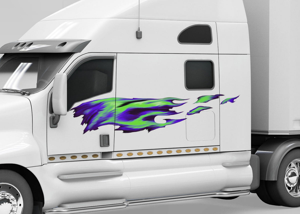 white semi truck with blue green fire flames vinyl decal on driver side