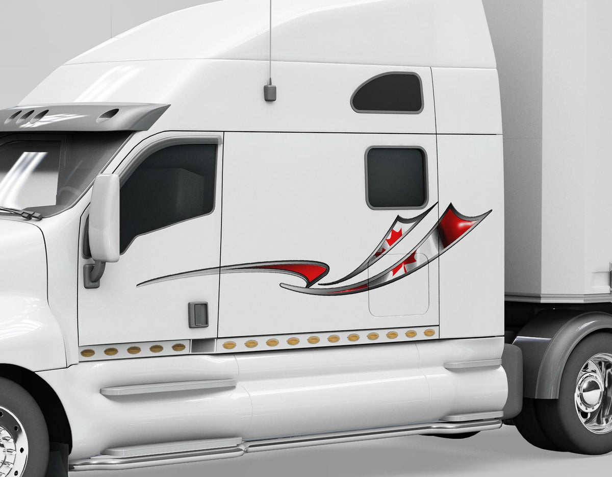 white semi truck with Canadian flag stripe decal on driver cab side
