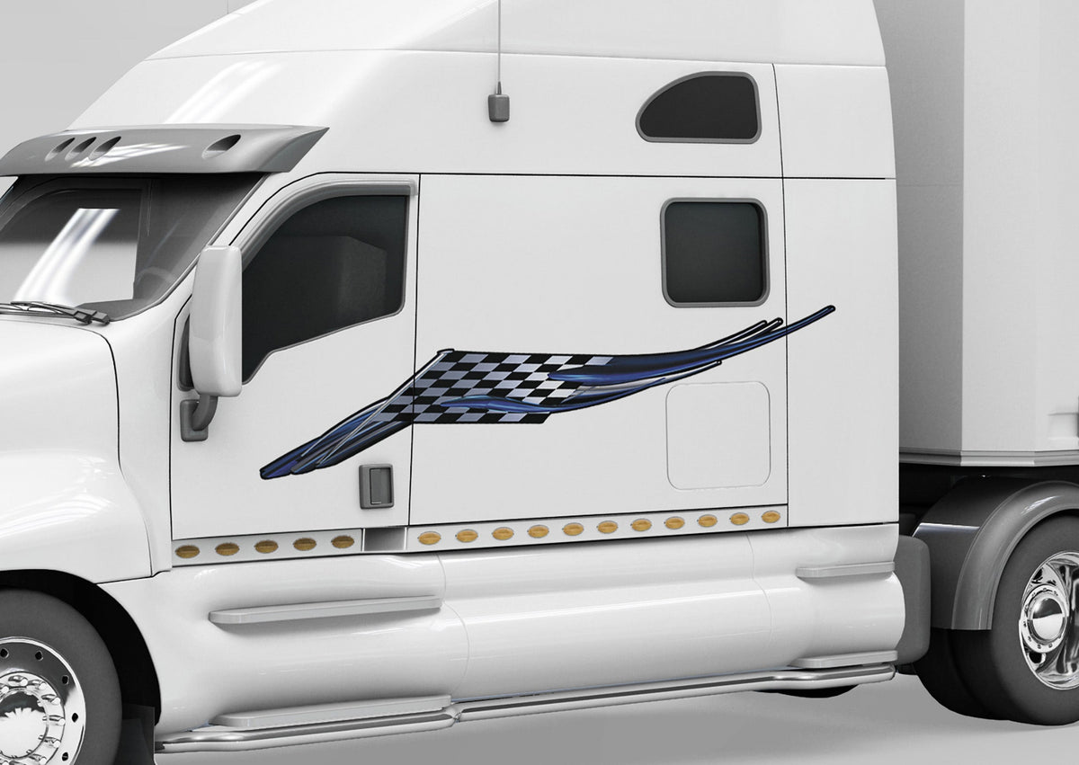 white semi truck with checkered flag wing vinyl graphics on driver side