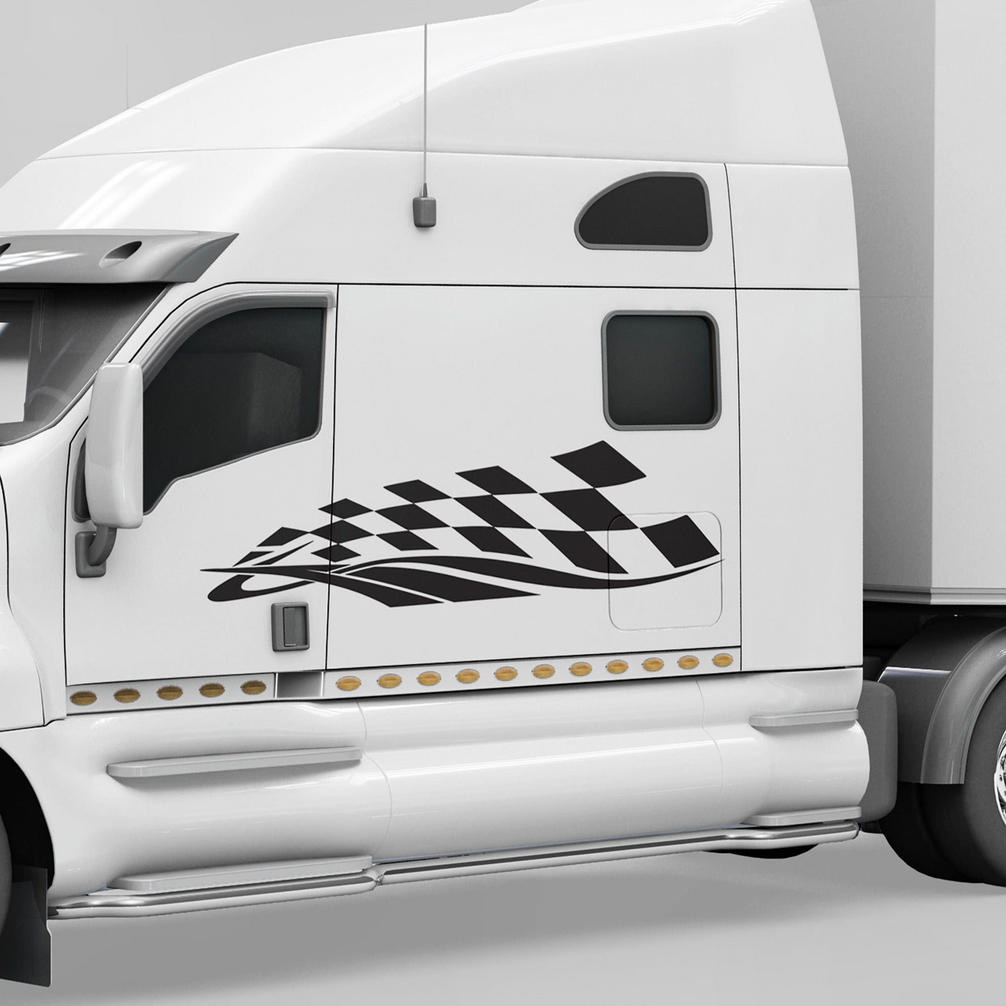 White car with black checkered decal pattern on a white background