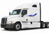 white semi truck with chrome blue tribal blade vinyl decal on driver side