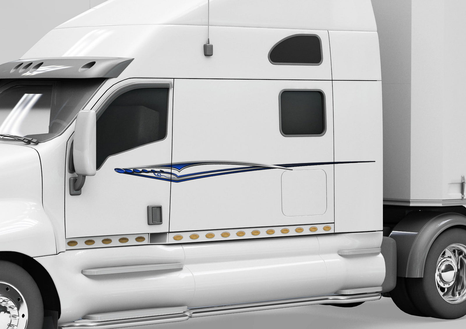 white semi truck with dilemma decal blue decal stripe on cab driver side
