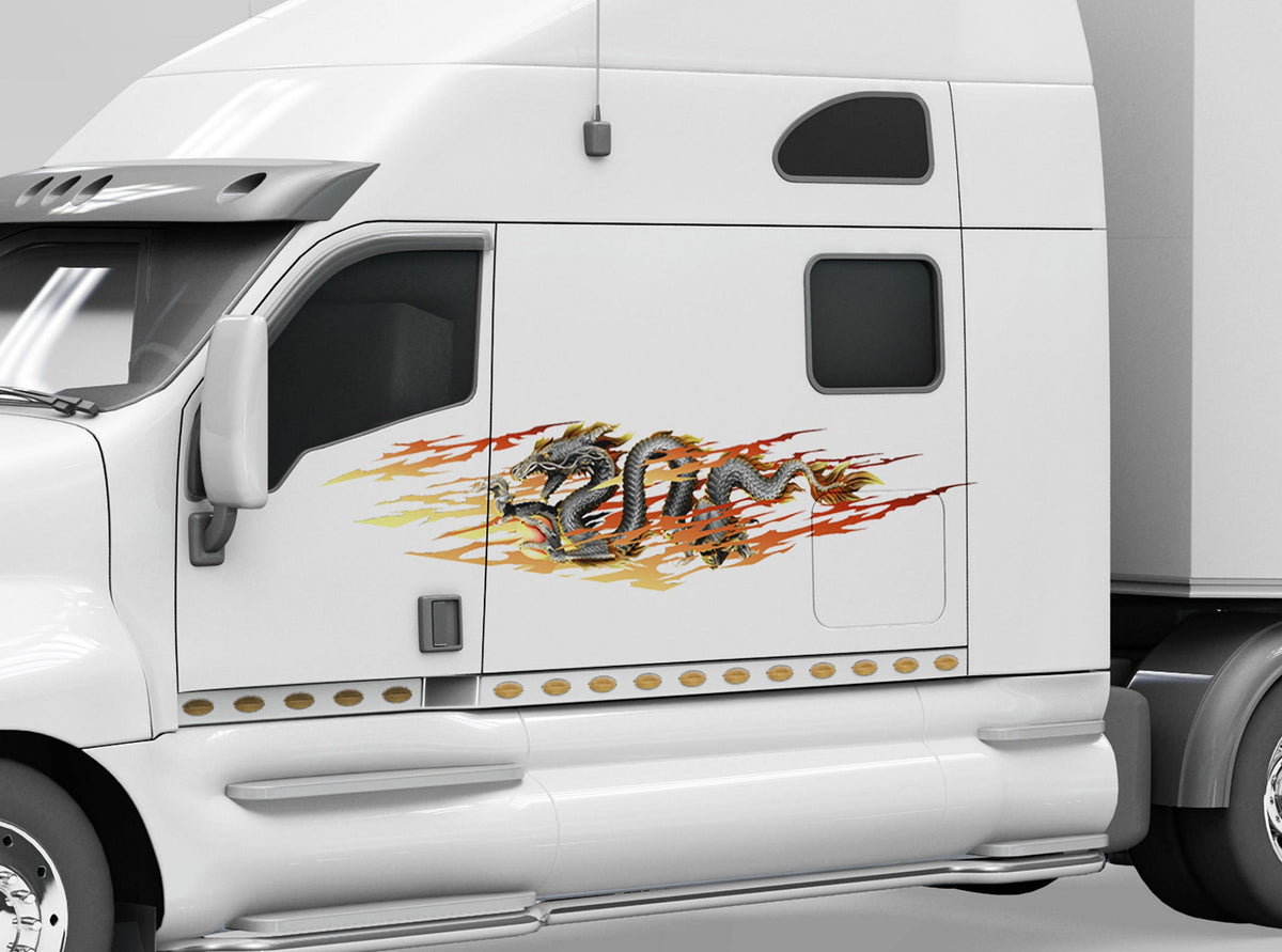 white semi truck with dragon flames decal on driver side