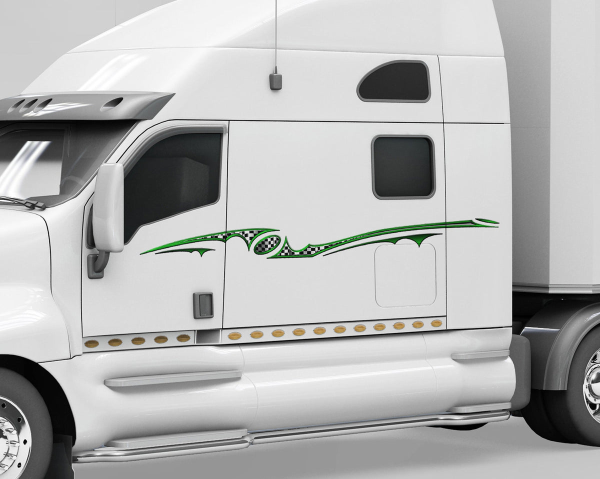 white semi truck with green checkers aurora vinyl graphic stripe on driver cab side