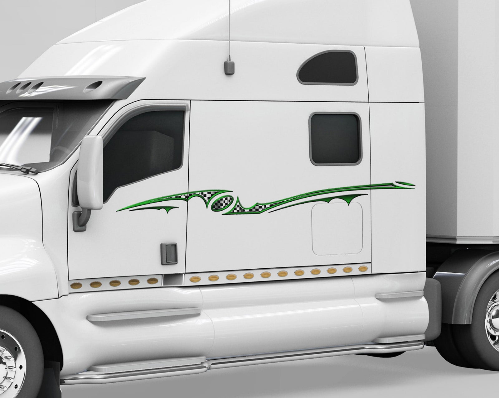 white semi truck with green checkers aurora vinyl graphic stripe on driver cab side