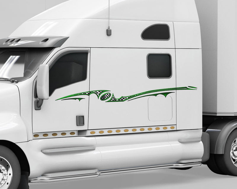 white semi truck with green checkers aurora vinyl graphic stripe on driver cab side