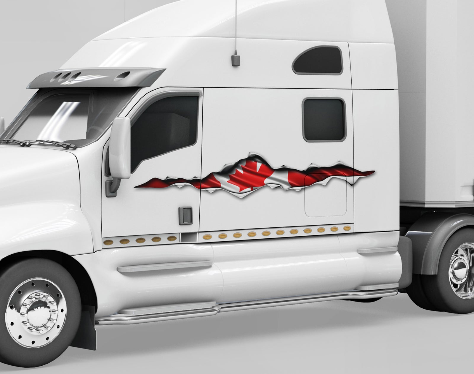 White semi truck with a canada flag decal on the side
