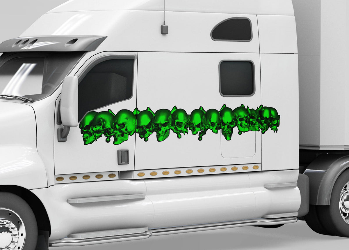 white semi truck with neon green skulls link across its driver cab side