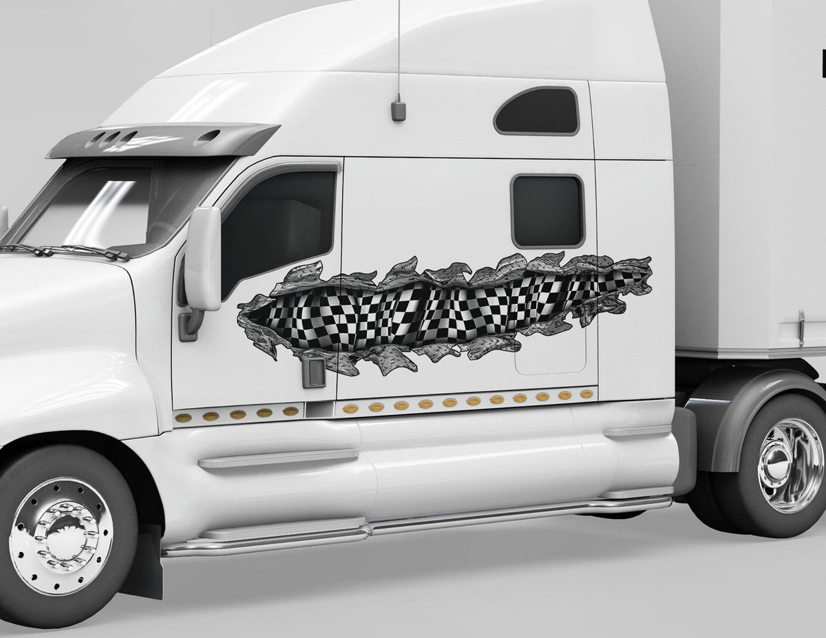 white semi truck with racing checkers diamond plate tear vinyl graphics across the cab driver side
