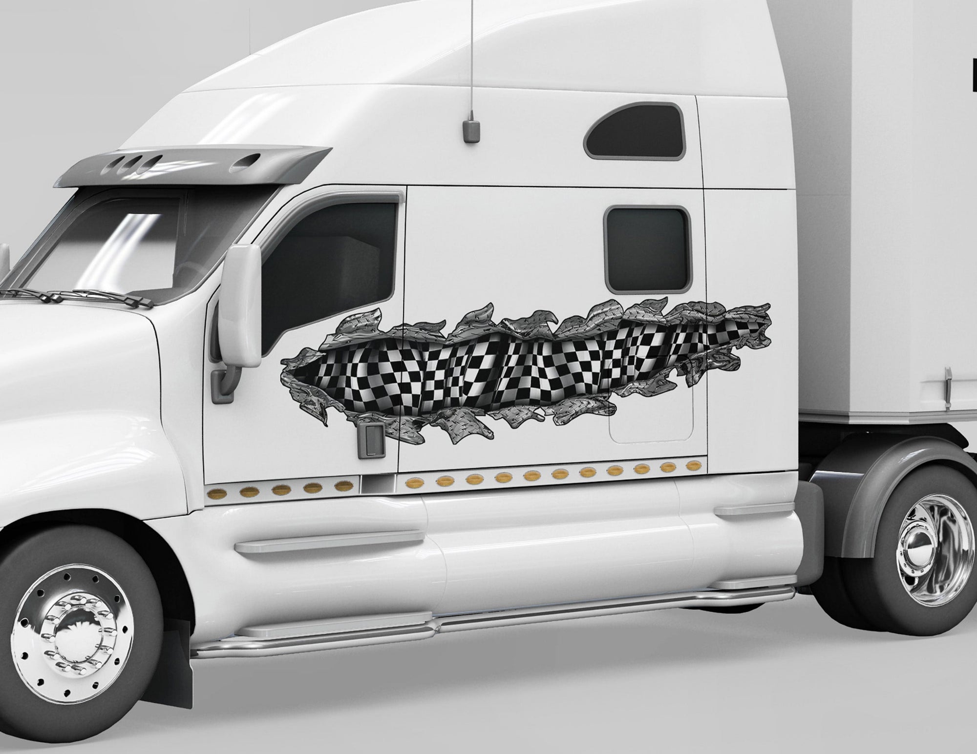 white camaro sports car with checkered flag carbon fiber tear across the driver side