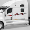 white semi truck with red bora stripe graphics on its cab side