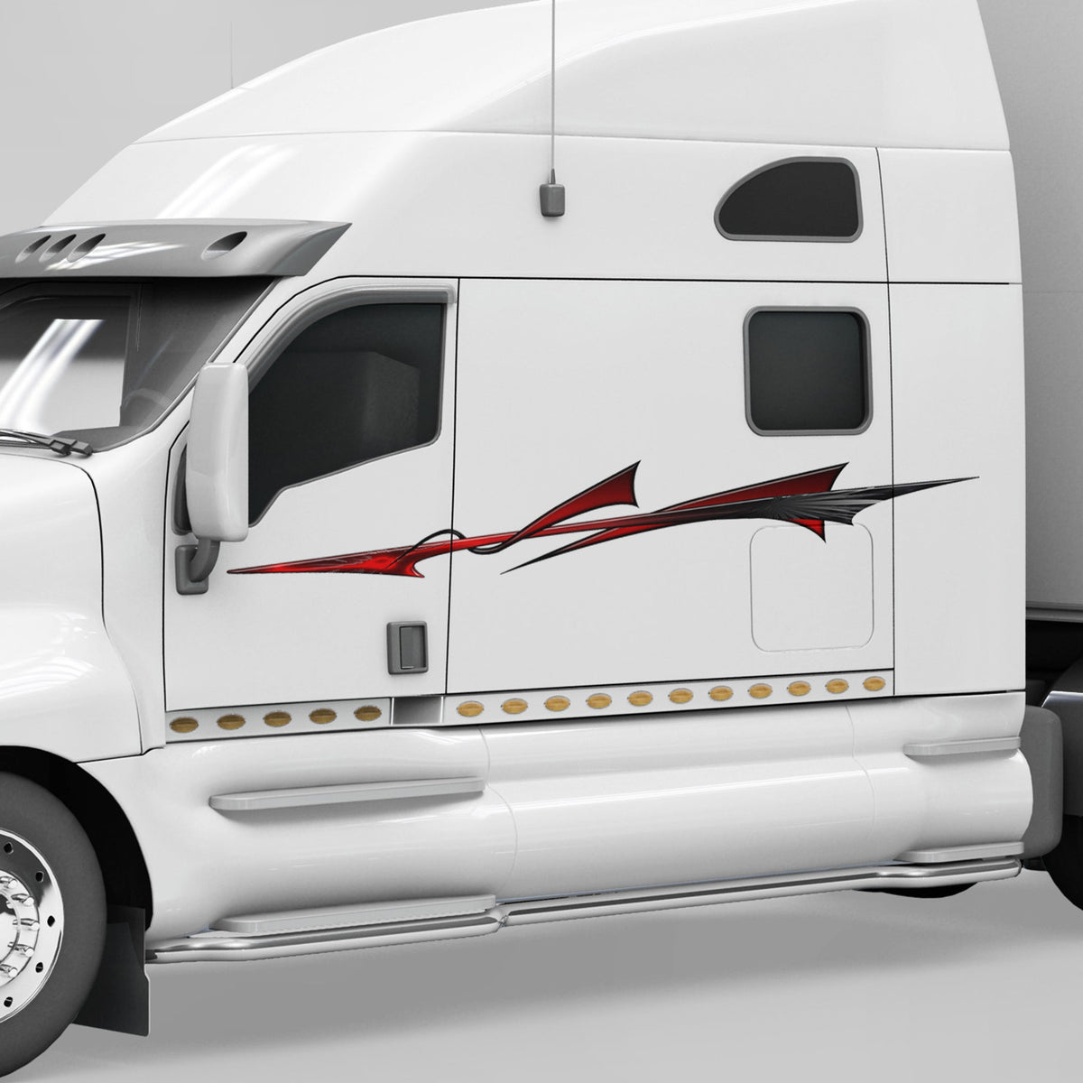 white semi truck with red bora stripe graphics on its cab side