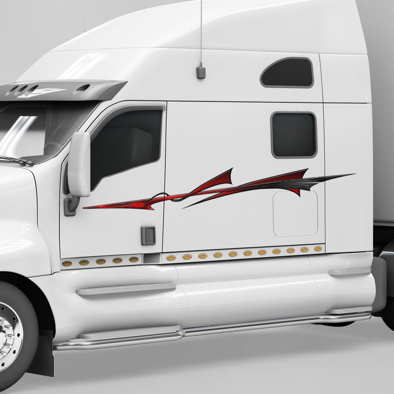 white pick up truck with red bora stripe decal on its side