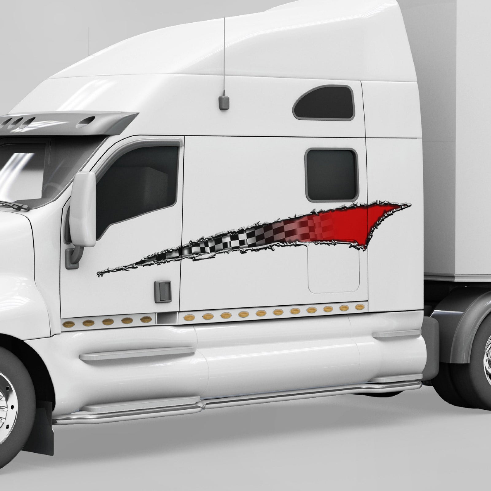 white semi truck with red scratch checkered decal on its side