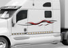 white semi truck with red silver spear vinyl graphics on its driver side