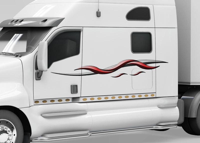 white semi truck with red silver spear vinyl graphics on its driver side