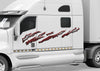 white semi truck with splatter diamond plate graphic stripes on driver side
