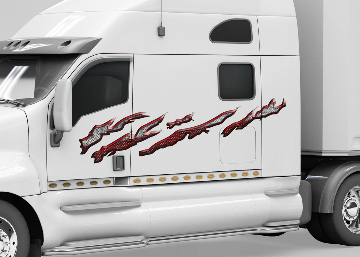 white semi truck with splatter diamond plate graphic stripes on driver side