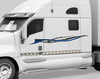 White truck with a graphic checkers strip decal on a its cab side