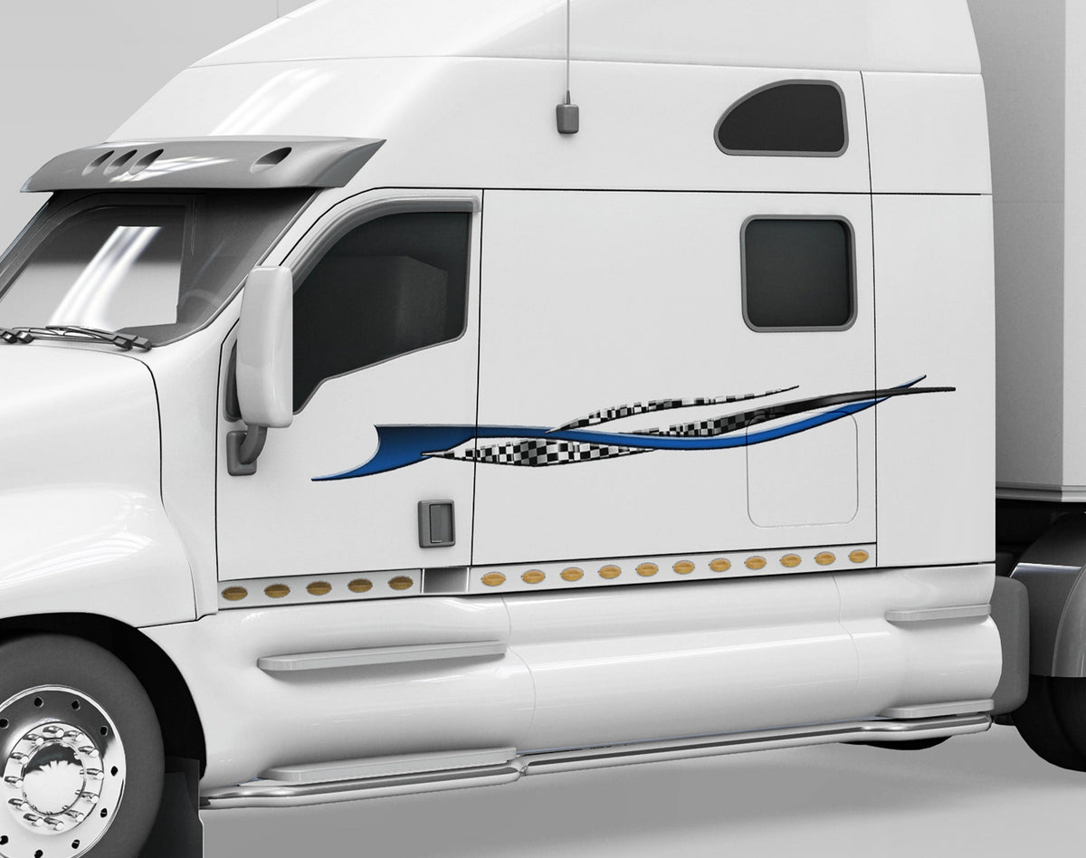 White truck with a graphic checkers strip decal on a its cab side