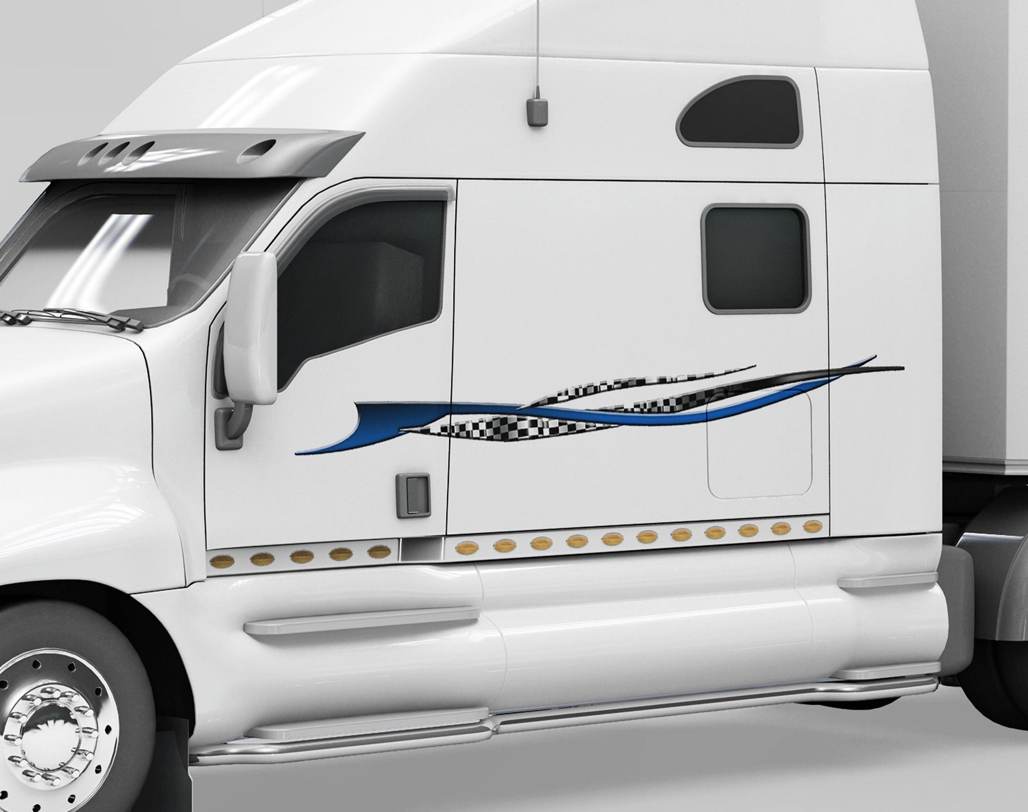 White pickup truck with blue stripe graphics on its driver side