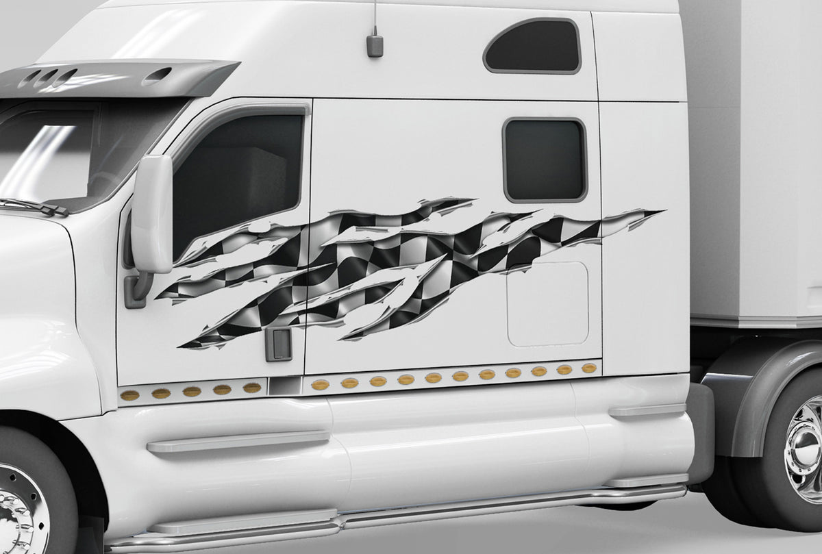 white semi with large checkers vinyl decal on its cab side
