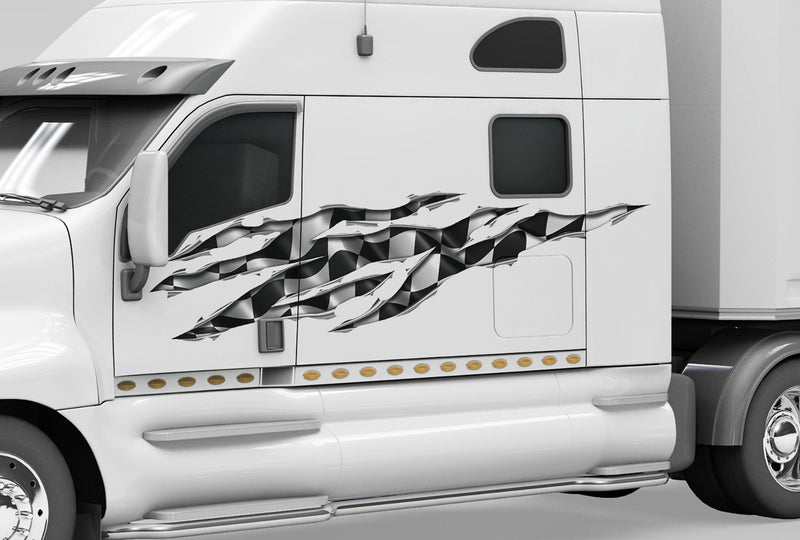 white semi with large checkers vinyl decal on its cab side
