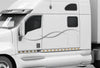 white semi with grey swoop vinyl graphic stripe on cab driver side