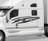 white semi with tribal carbon spear decal on its cab driver side