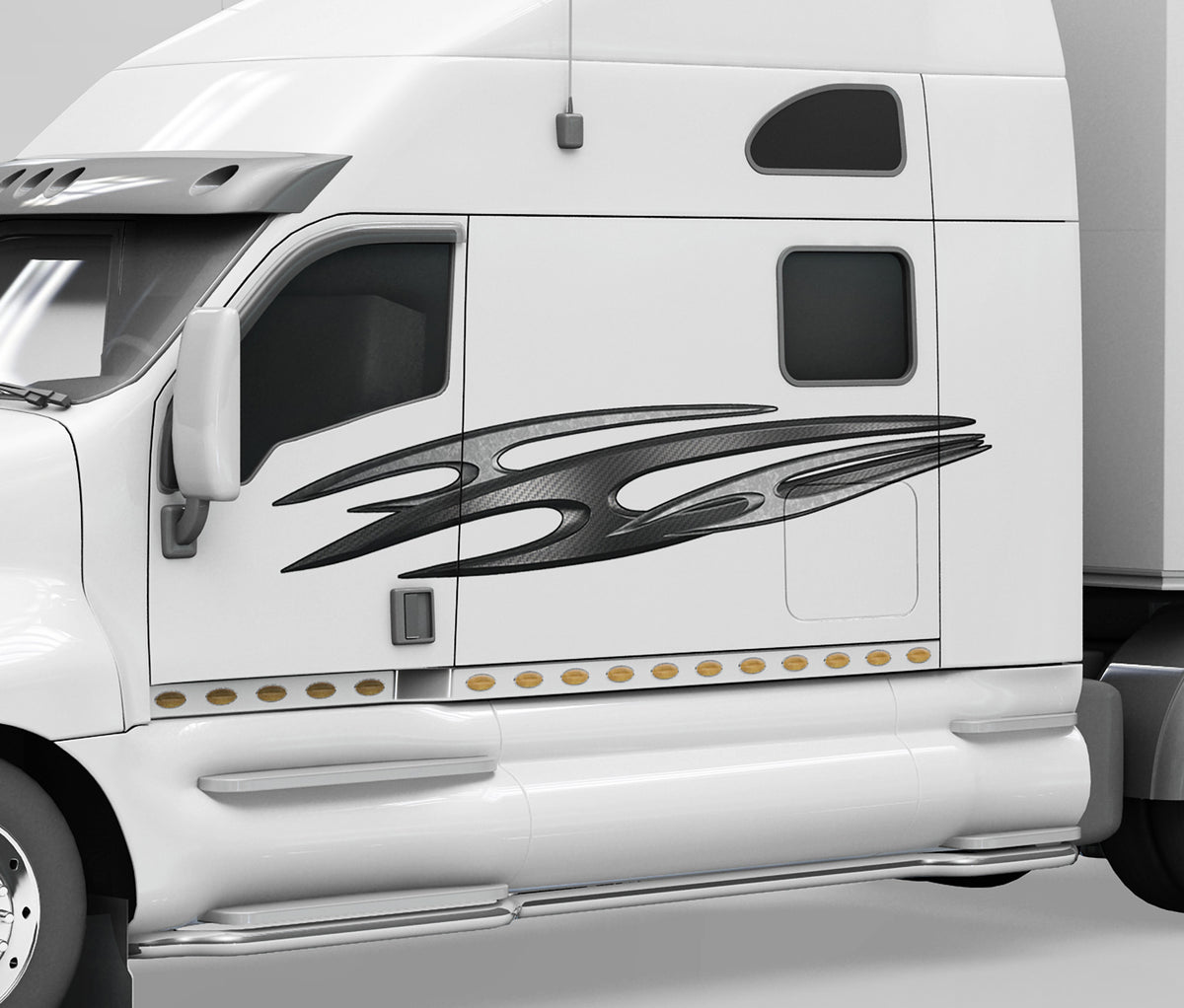white semi with tribal carbon spear decal on its cab driver side