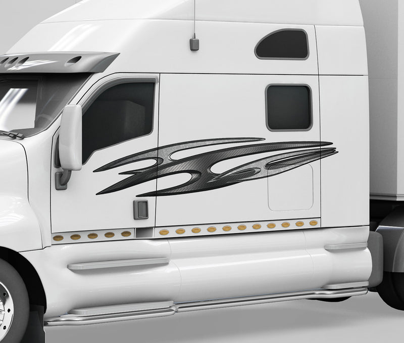 white semi with tribal carbon spear decal on its cab driver side