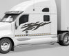 white semi with woodland camo rip vinyl graphics on its driver side