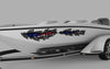 white speed boat on trailer with american flag carbon fiber tears on port side