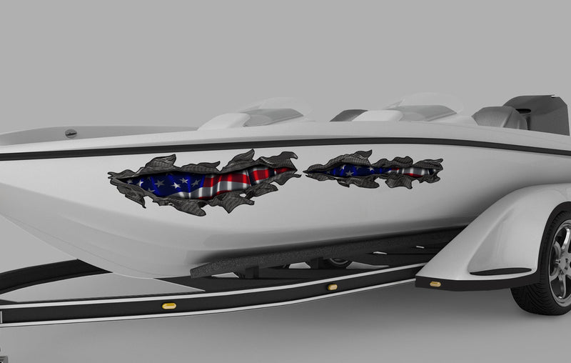 white speed boat on trailer with american flag carbon fiber tears on port side