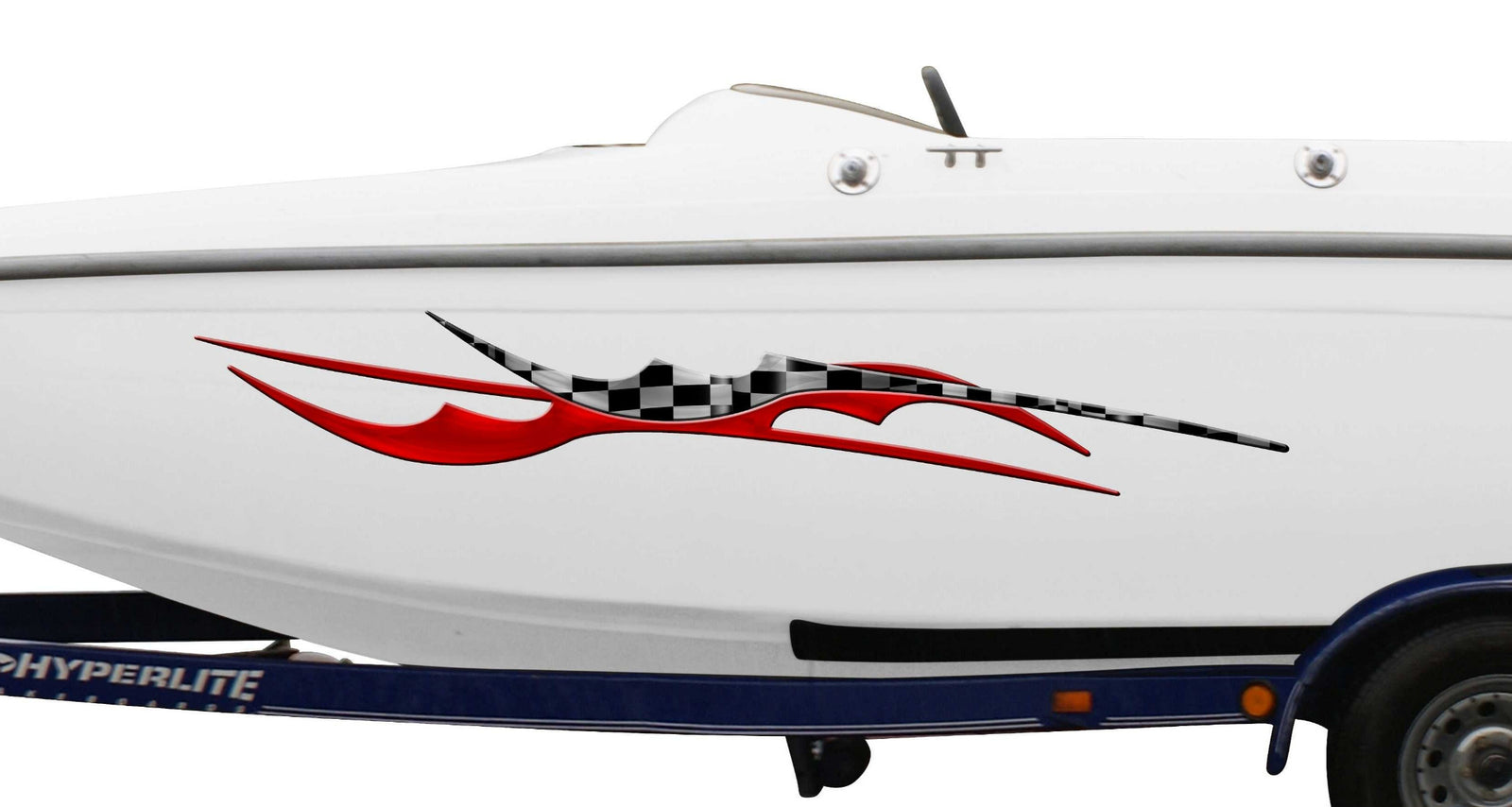 White boat with red blade decal design on a white background