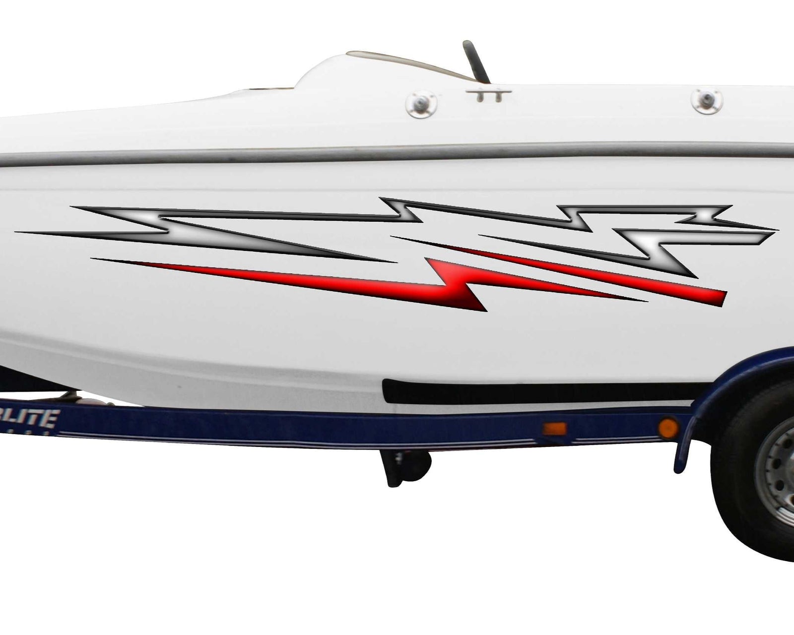white speed boat with electro vinyl graphics on its side