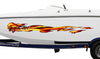 white speed boat with ghost flames racing decals on side