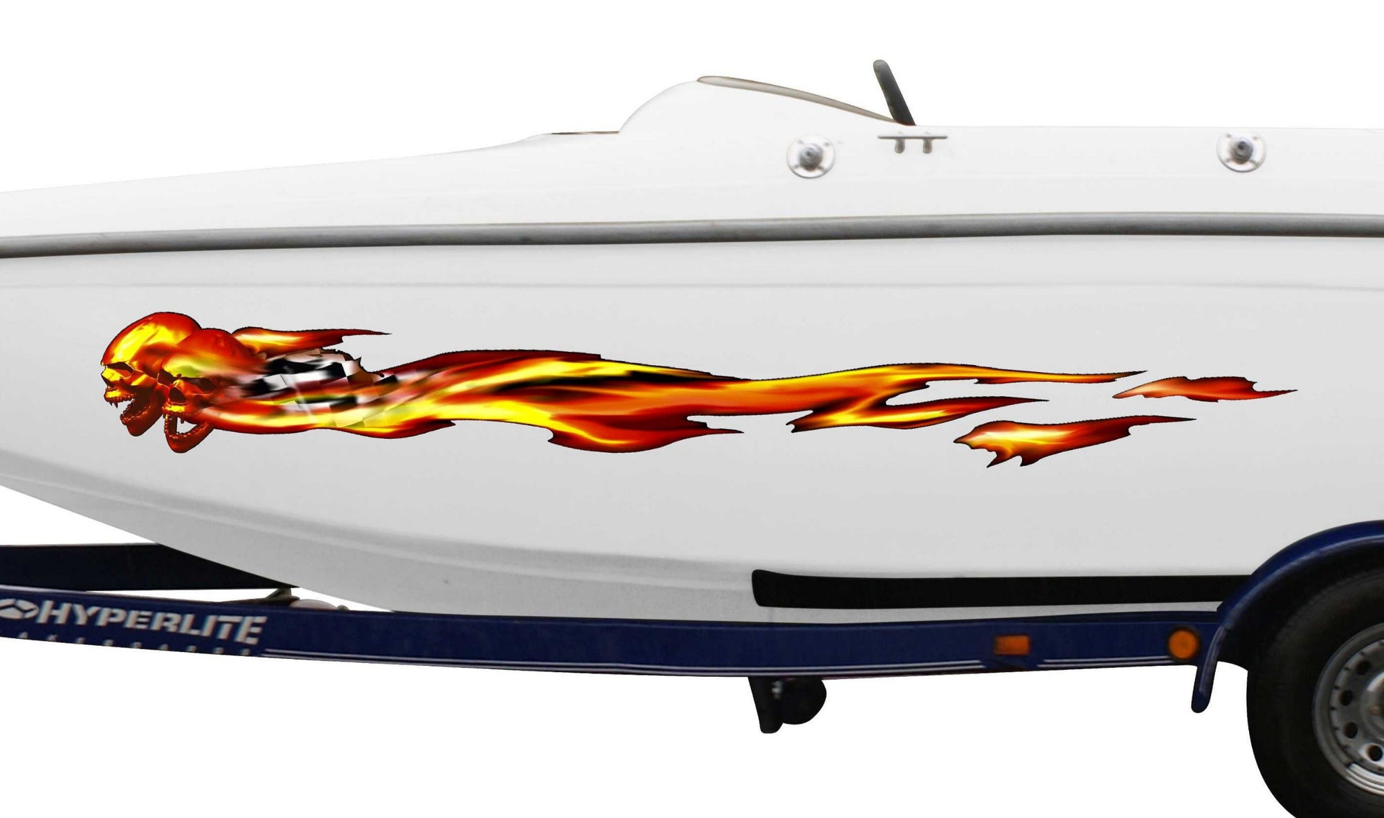 white boat with ghost flames graphics on side