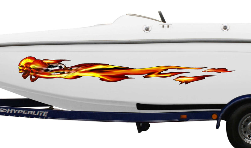 white speed boat with ghost flames racing decals on side