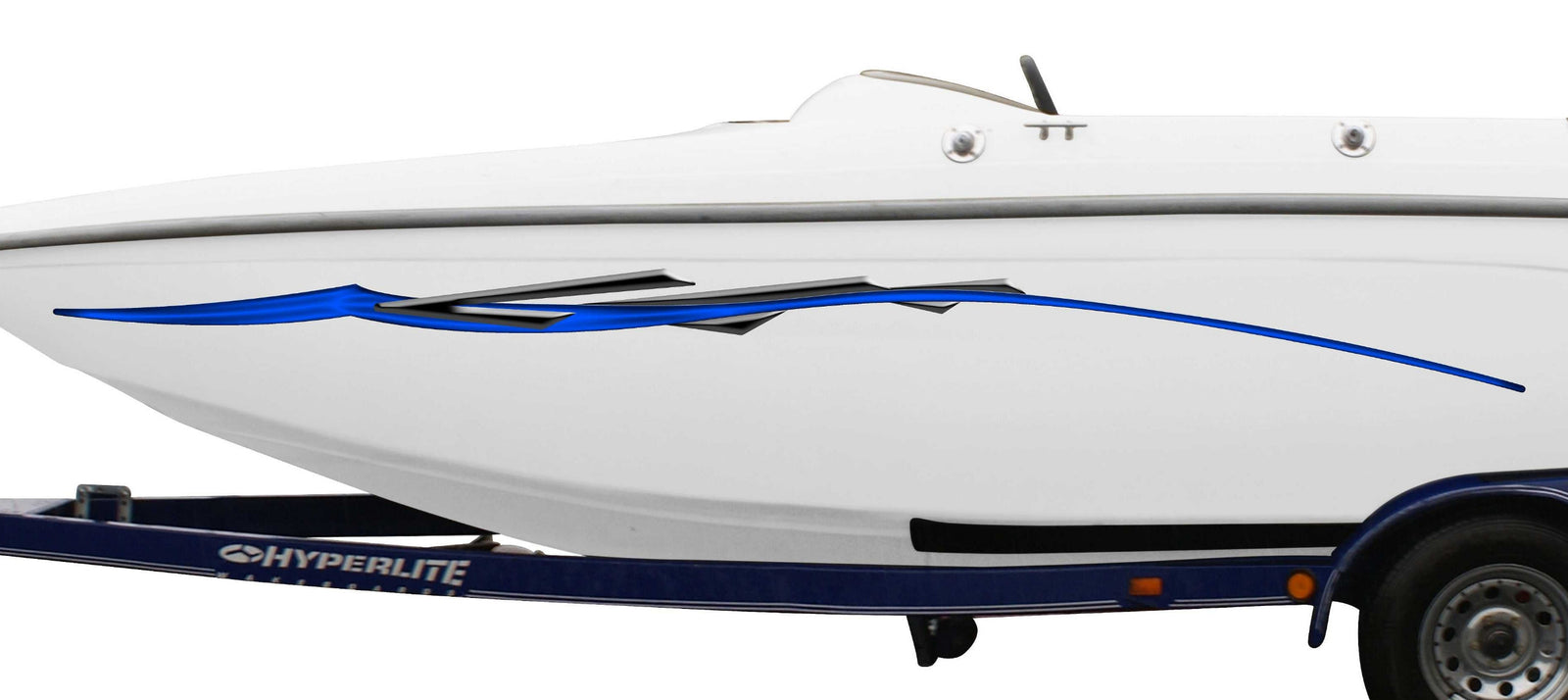 white speed boat with two tone flying stripe blue and silver decal on its side