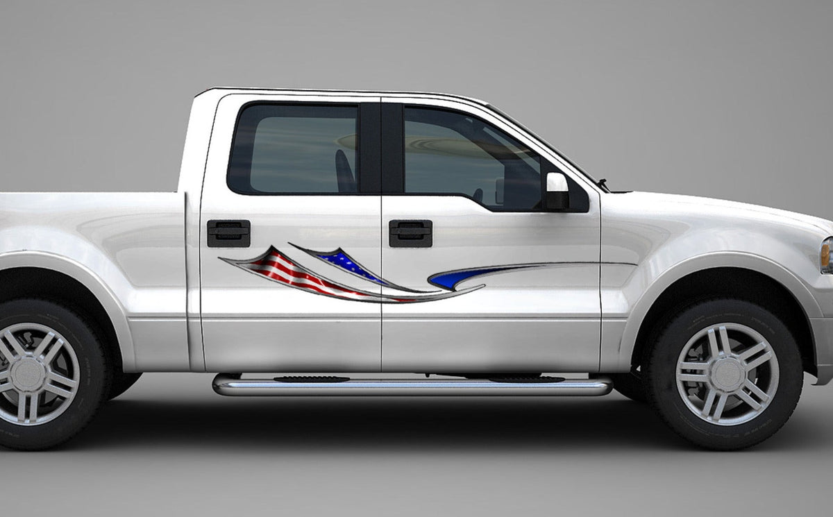 white truck with American flag graphic stripe on passenger side