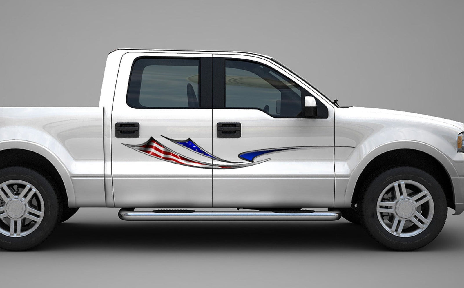 white semi trailer with American flag wave stripe decal on driver side