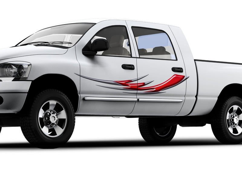 white truck with Red tribal blade vinyl decal on driver side