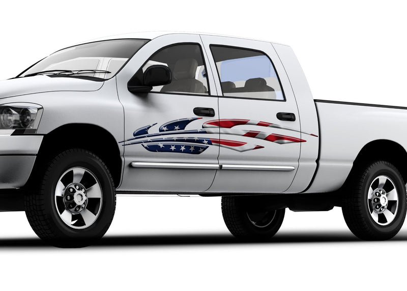 white truck with USA Flag Comet Arc decal Design on driver side