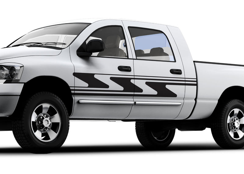 white truck with Z-line vinyl stripes on driver side