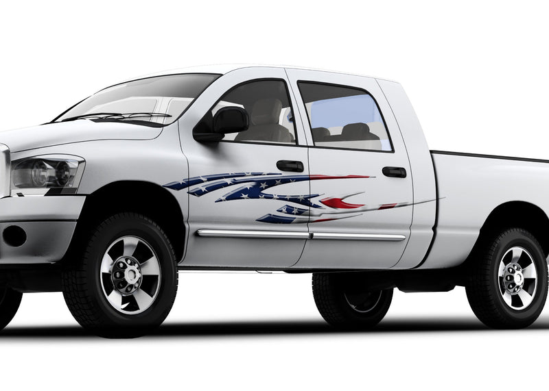 white truck with american flag Aero spike vinyl decal on driver side