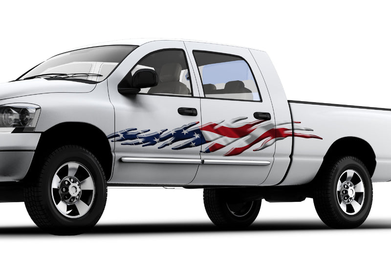white truck with american flag flamsurge vinyl graphics on driver side
